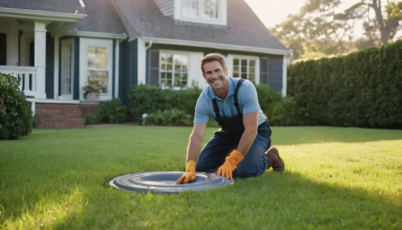 A friendly provider reviewing a septic tank access lid at a suburban home in La Plata